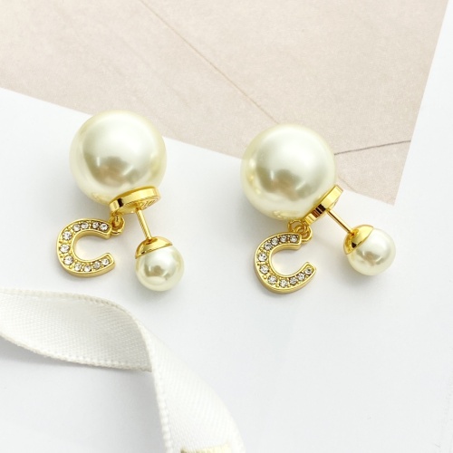 Dior Full Diamond C Letter Double Ball Pearl Earrings