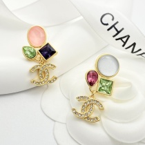 Chanel New Fashion Color Diamond Glass Gemstone Double C Earrings