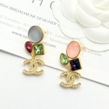 Chanel New Fashion Color Diamond Glass Gemstone Double C Earrings
