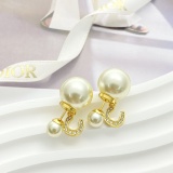Dior Full Diamond C Letter Double Ball Pearl Earrings
