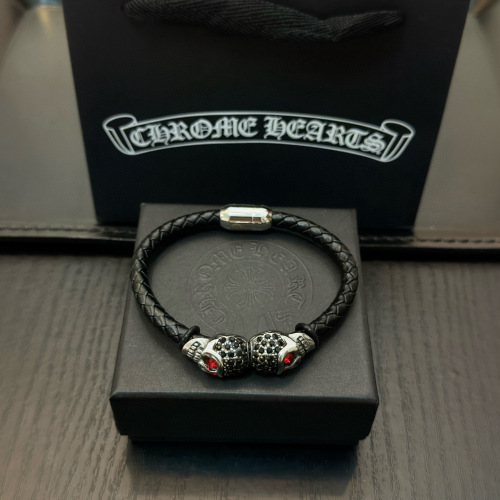 Chrome Hearts Fashion Retro Diamond Studded Skull Leather Rope Bracelet