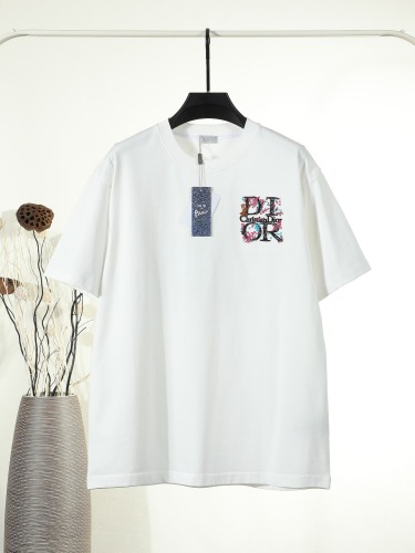Dior Fashion Embroidered Logo Water Washed Short Sleeve Couple Versatile Casual T-shirt