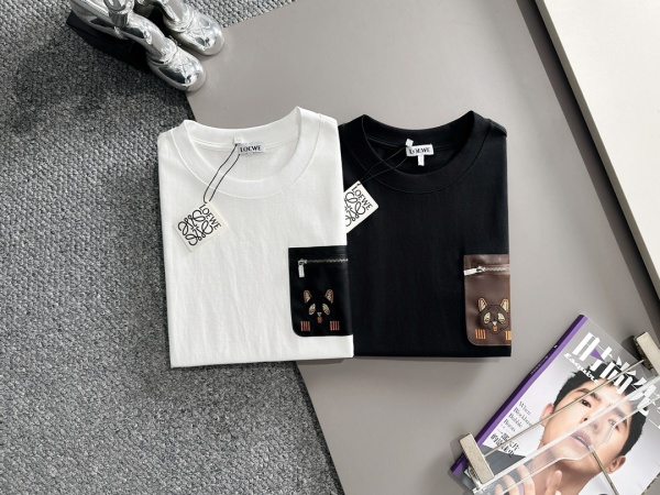 Loewe New Fashion Embroidery Cat Pocket Logo T-shirt Couple Casual Oversize Short Sleeve