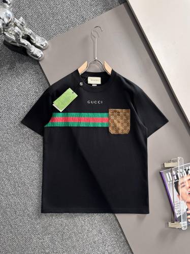 Gucci Classic Double G Patch Pocket Cracked Stripe T-shirt Unisex Casual Loose Short Sleeve