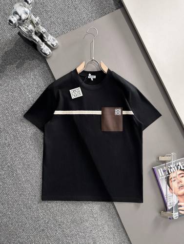 Loewe Fashion Embroidered Logo Leather Pocket Splicing T-shirt Unisex Casual Loose Short Sleeve