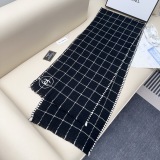 Chanel Classic Embroidered Logo Checkered Cashmere Scarf Size: 38 x 185 CM