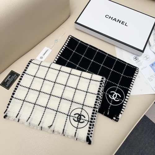 Chanel Classic Embroidered Logo Checkered Cashmere Scarf Size: 38 x 185 CM