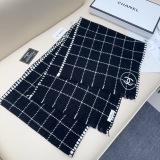 Chanel Classic Embroidered Logo Checkered Cashmere Scarf Size: 38 x 185 CM