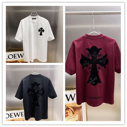 Chrome Hearts 26SS Fashion Leather Inlaid Diamond Cross T-shirt Couple Loose Casual Short Sleeve