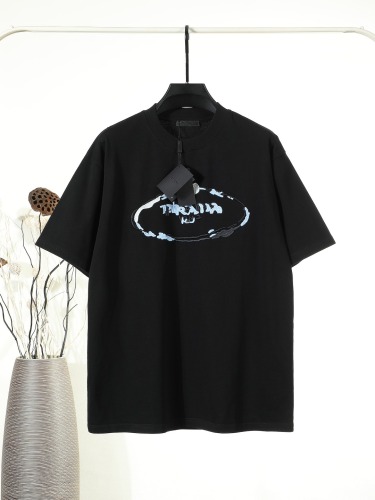 Prada Classic Heavy Embroidery Logo T-shirt Unisex Loose Casual Short Sleeve
