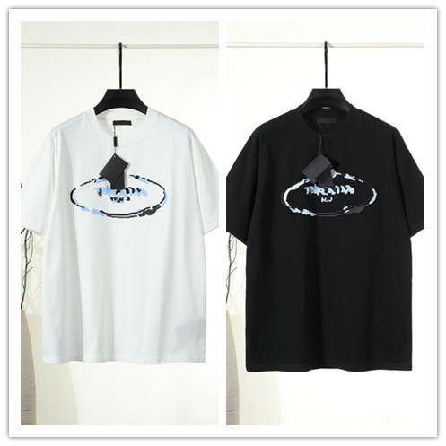 Prada Classic Heavy Embroidery Logo T-shirt Unisex Loose Casual Short Sleeve