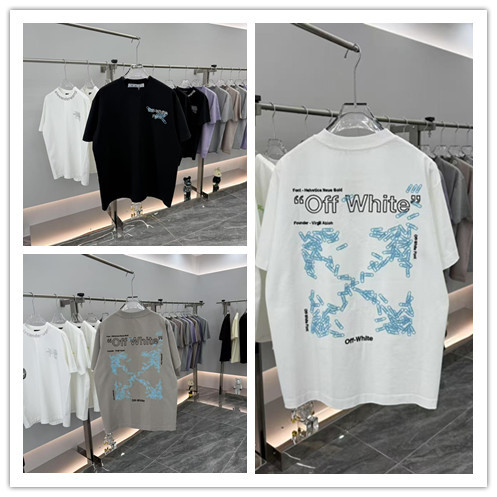 Off White Fashion Embroidery Paper Clip Logo Short Sleeve Unisex Casual Loose Washed T-shirt