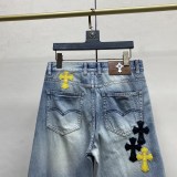 Chrome Hearts Fashion Black Yellow Leather Cross Casual Wash Straight leg Jeans