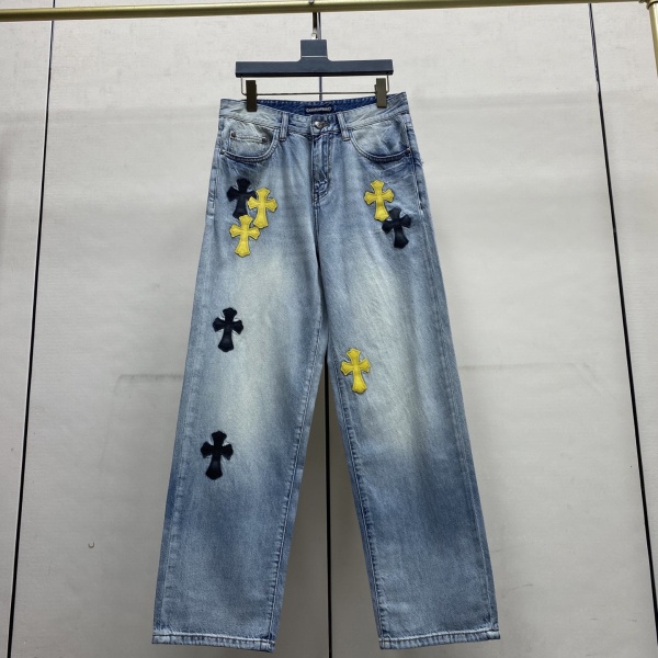 Chrome Hearts Fashion Black Yellow Leather Cross Casual Wash Straight leg Jeans