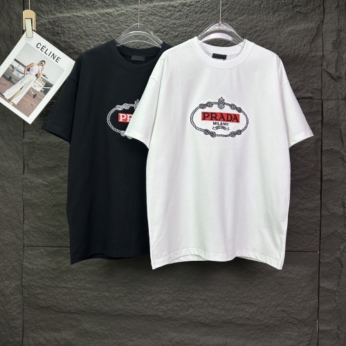 Prada Classic Embroidered Logo T-Shirt Couple Casual Versatile Short Sleeve