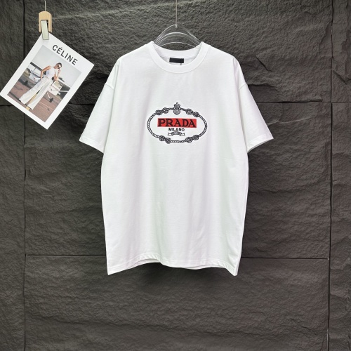 Prada Classic Embroidered Logo T-Shirt Couple Casual Versatile Short Sleeve
