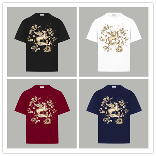 Dior Fashion Floral Pegasus Logo Printed T-shirt Couple Casual Versatile Short Sleeve