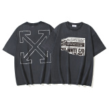 Off White Retro News Newspaper Arrow Washed T-shirt Unisex Casual Loose Short Sleeve