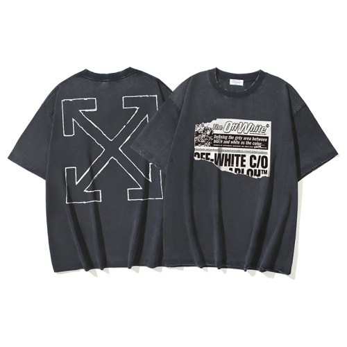 Off White Retro News Newspaper Arrow Washed T-shirt Unisex Casual Loose Short Sleeve