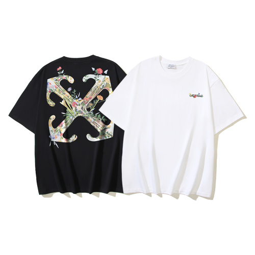Off White Fashion Glass Flower Arrow Printed Short Sleeve Unisex Casual Versatile T-shirt