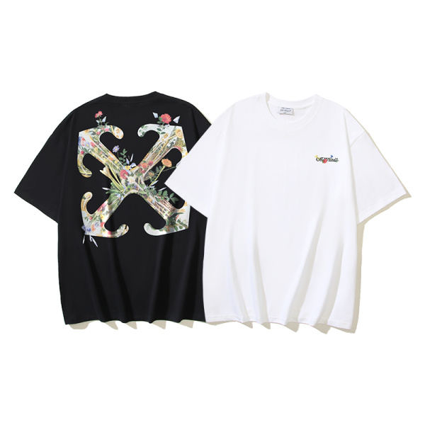 Off White Fashion Glass Flower Arrow Printed Short Sleeve Unisex Casual Versatile T-shirt