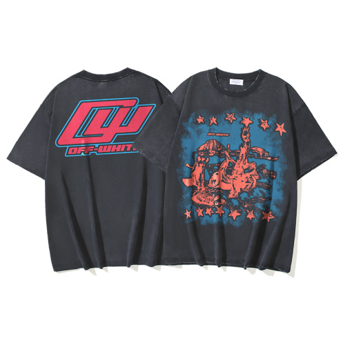 Off White Fashion Retro Printed Washed T-shirt Unisex Casual Loose Short Sleeve