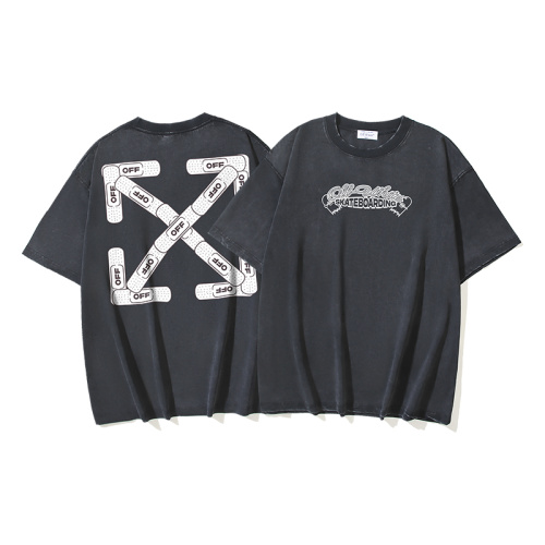 Off White Retro Band Aid Printed Water Washed T-shirt Unisex Casual Loose Short Sleeve