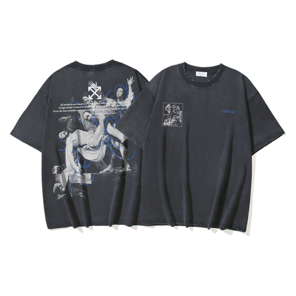 Off White Retro Religious Oil Painting Arrow Printed Short Sleeve Unisex Casual Loose Washed T-shirt