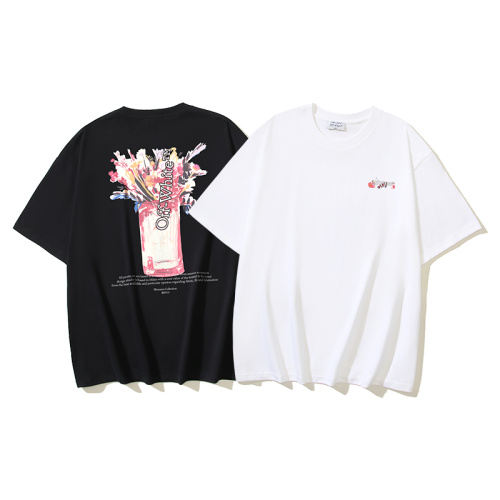 Off White Fashion Slant Stripe Printed T-shirt Unisex Casual Loose Short Sleeve