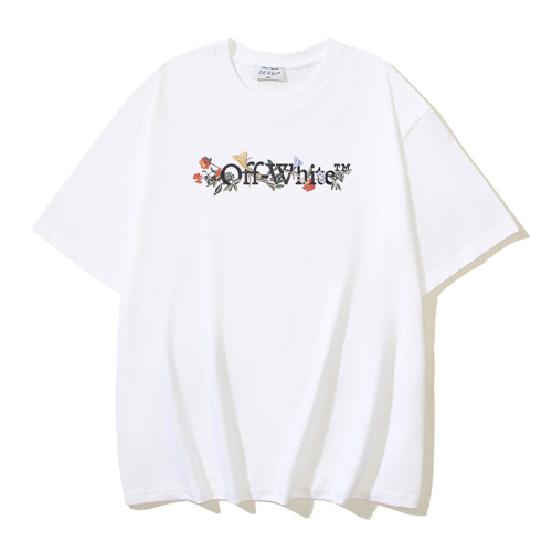 Off White Fashion Flower Logo Printed T-shirt Unisex Casual Loose Short Sleeve