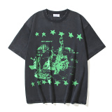 Off White Fashion Retro Religious Printed Washed T-shirt Unisex Casual Loose Short Sleeve