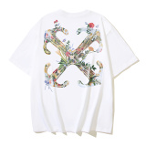 Off White Fashion Glass Flower Arrow Printed Short Sleeve Unisex Casual Versatile T-shirt