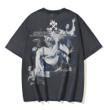 Off White Retro Religious Oil Painting Arrow Printed Short Sleeve Unisex Casual Loose Washed T-shirt