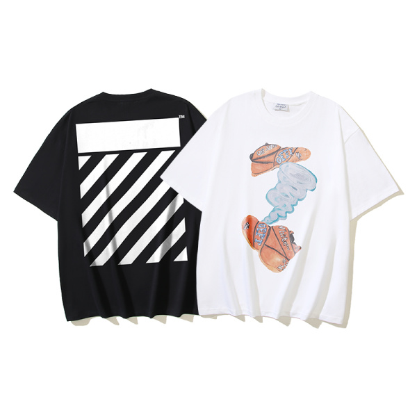 Off White Fashion Slant Stripe Printed T-shirt Unisex Casual Loose Short Sleeve