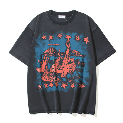 Off White Fashion Retro Printed Washed T-shirt Unisex Casual Loose Short Sleeve