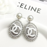 Chanel Fashion Versatile Pearl Pendant Full Diamond Elliptical Earrings