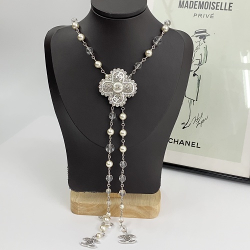 Chanel Fashion Versatile Full Diamond Clover Tassel Pearl Chain Sweater Chain
