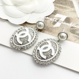 Chanel Fashion Versatile Pearl Pendant Full Diamond Elliptical Earrings