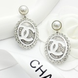 Chanel Fashion Versatile Pearl Pendant Full Diamond Elliptical Earrings