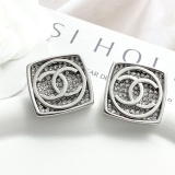 Chanel Fashion Versatile Full Diamond Silver Square Double C Earrings
