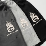 Balenciaga Fashion Embroidered Flame Logo Distressed Shorts Unisex Versatile Loose Sports Shorts