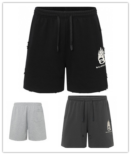 Balenciaga Fashion Embroidered Flame Logo Distressed Shorts Unisex Versatile Loose Sports Shorts