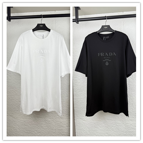 Prada Classic Logo Printed Round Neck T-shirt Unisex Casual Loose Short Sleeve
