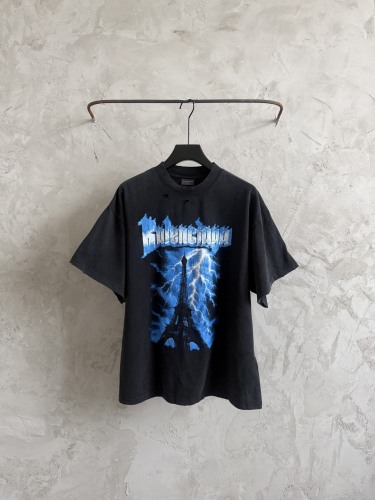Balenciaga 26SS Fashion Eiffel Tower Lightning Printed T-shirt Couple Casual Oversize Short Sleeve