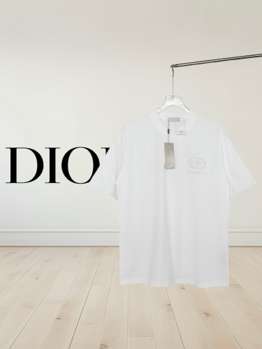 Dior Fashion Bead Embroidered Logo Round Neck T-shirt Unisex Loose Casual Short Sleeve