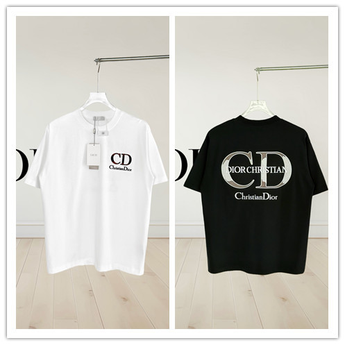 Dior Fashion Embroidered Logo Round Neck T-shirt Unisex Loose Casual Short Sleeve