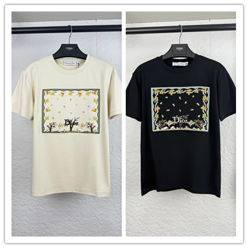 Dior Fashion Embroidered Flower Logo T-shirt Couple Casual Loose Short Sleeve