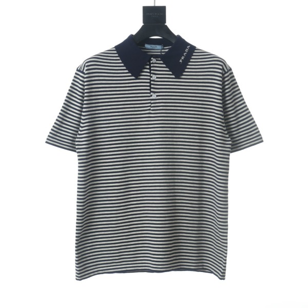 Prada Classic Blue White Striped Short Sleeve Knitted Polo Shirt