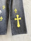 Chrome Hearts New Fashion Leather Cross Jeans Splash Ink Wash Casual Jeans