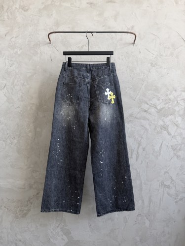 Chrome Hearts New Fashion Leather Cross Jeans Splash Ink Wash Casual Jeans